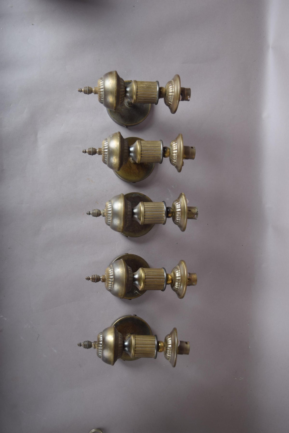 Set of Five Patinated Brass Wall Sconces, Urn-Form Arm, 1950s