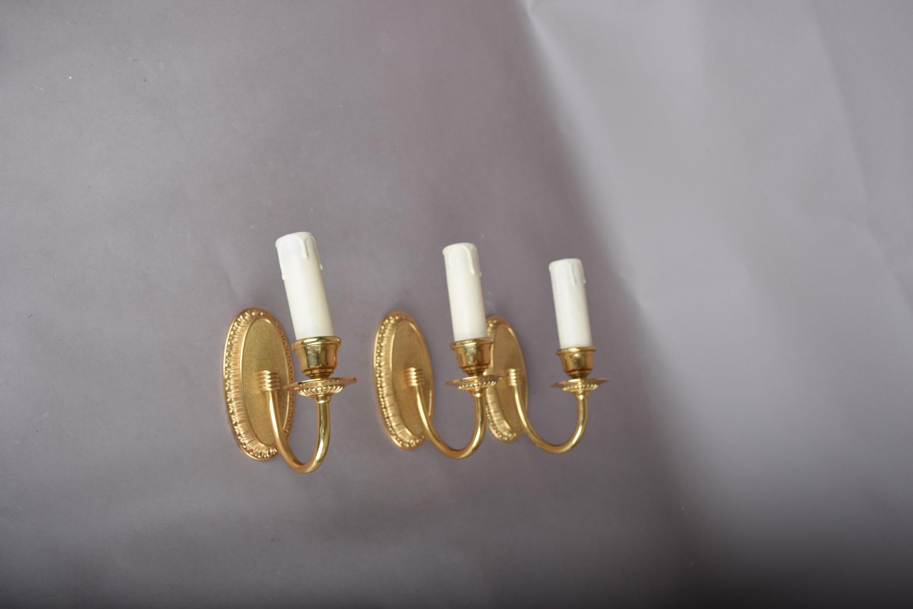 Louis XVI Style Wall Sconces Set of Three, Gilt Metal Single Arm Sconces with Oval Beaded Backplates