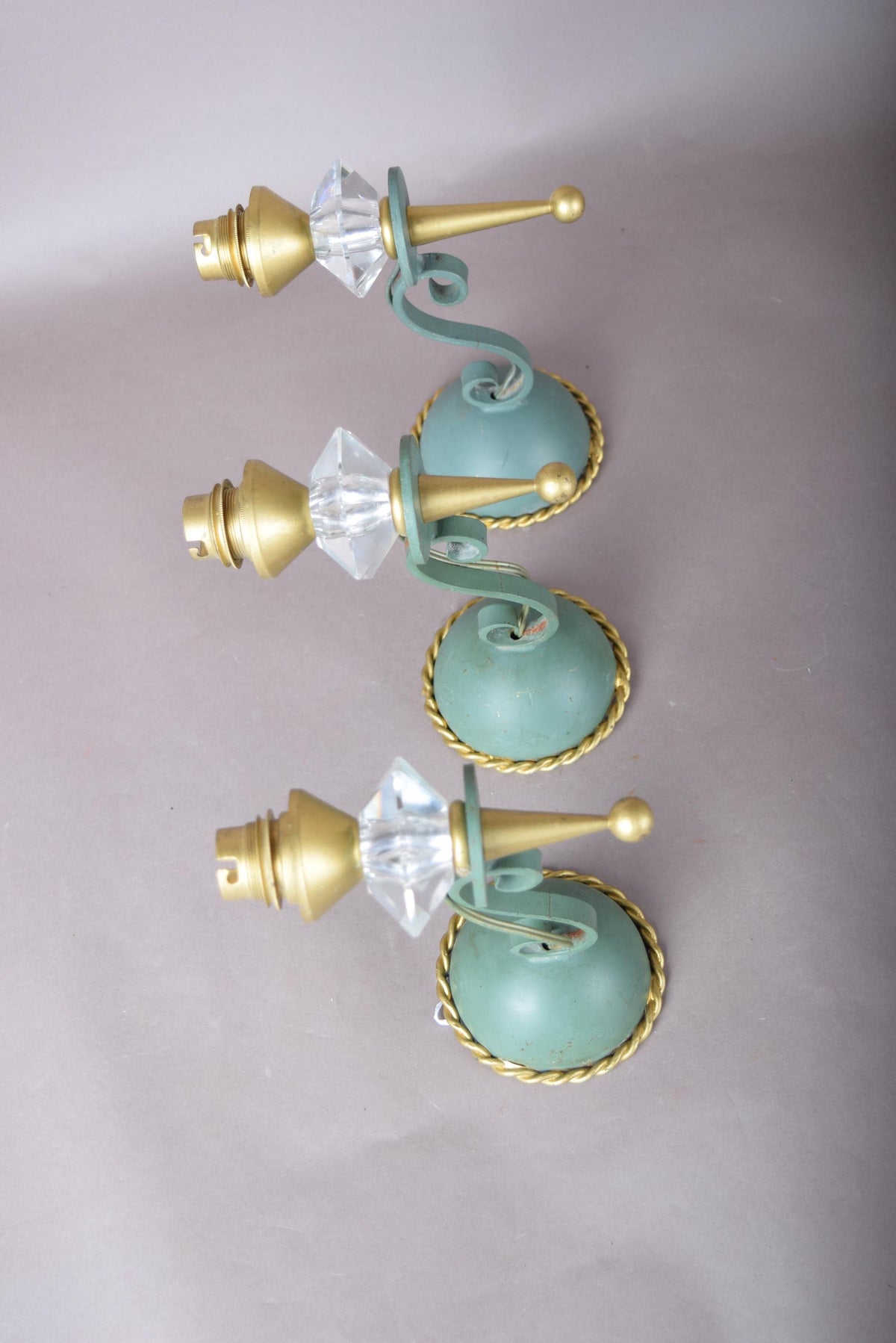 Set of Three Painted Metal Wall Sconces, Faceted Glass Drops, Scrolled Arm