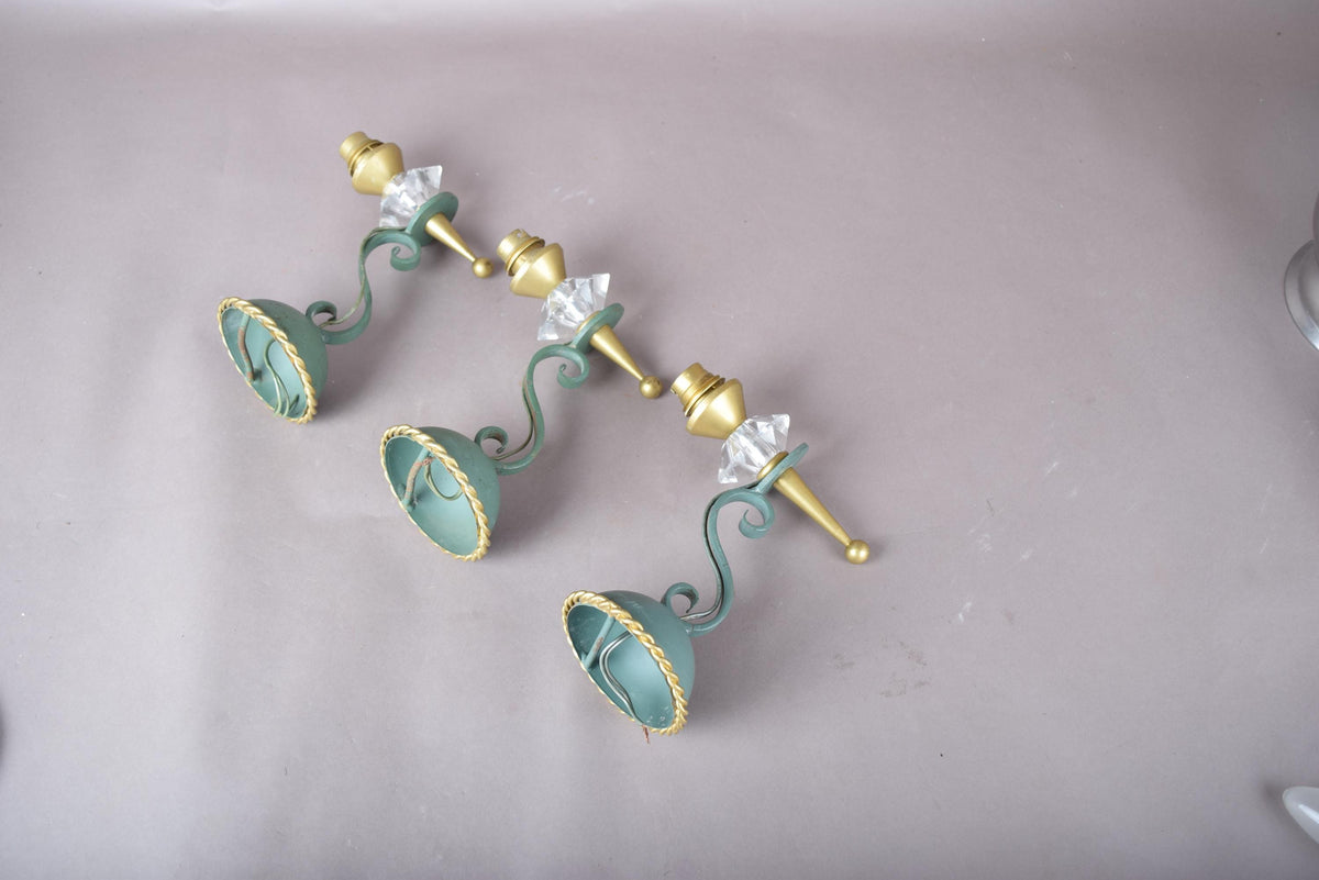 Set of Three Painted Metal Wall Sconces, Faceted Glass Drops, Scrolled Arm