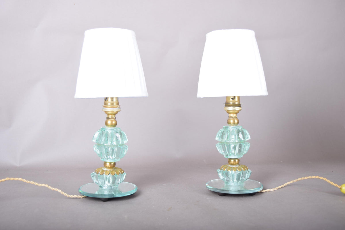 Glass Table Lamps Pair, Aqua Pressed Glass and Brass Bedside Lamps on Mirror Bases — French, 1940s
