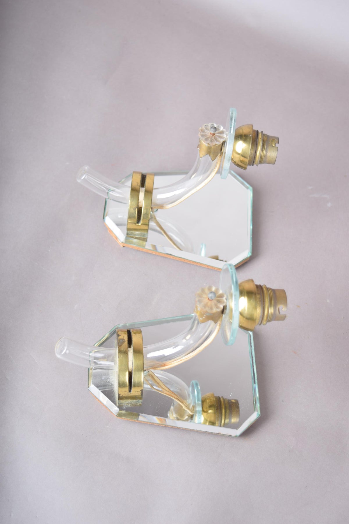Mirror Wall Sconces Pair, Art Deco Style Mirrored Sconces with Glass Arms — French, 1940s