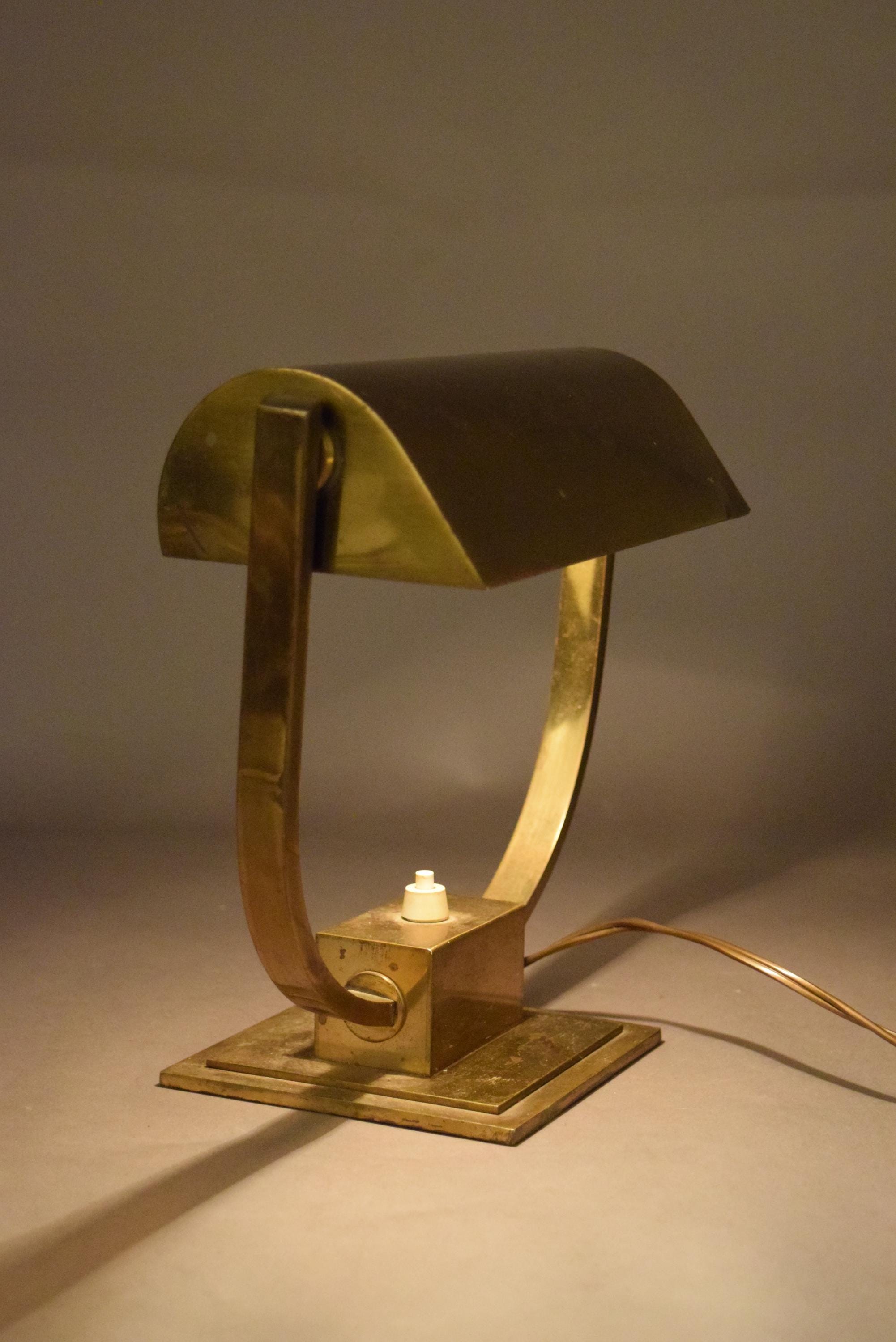 Art Deco Style Desk Lamp, Heavy Brass Bankers Lamp with U Form Arm, Adjustable Shade — 1930s Attribution