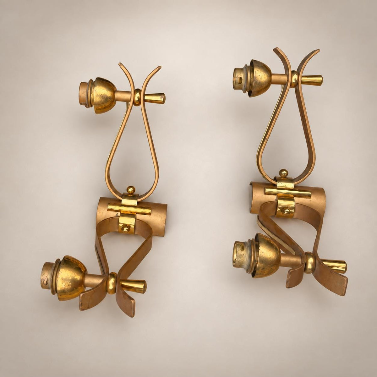 Pair of Gilt Brass Wall Sconces, Painted Metal Detail, French Design