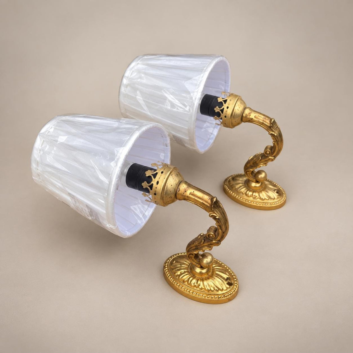 Pair of Gilt Brass Wall Sconces, Crown-Form Candle Cup, Pleated Fabric Shades