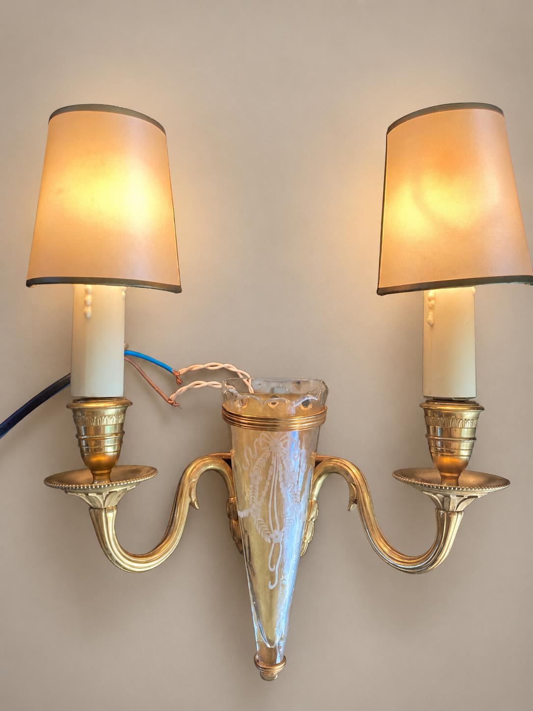 Pair of Gilt Metal Two-Arm Wall Sconces, Etched Glass Cornucopia Vase, Louis XVI Style