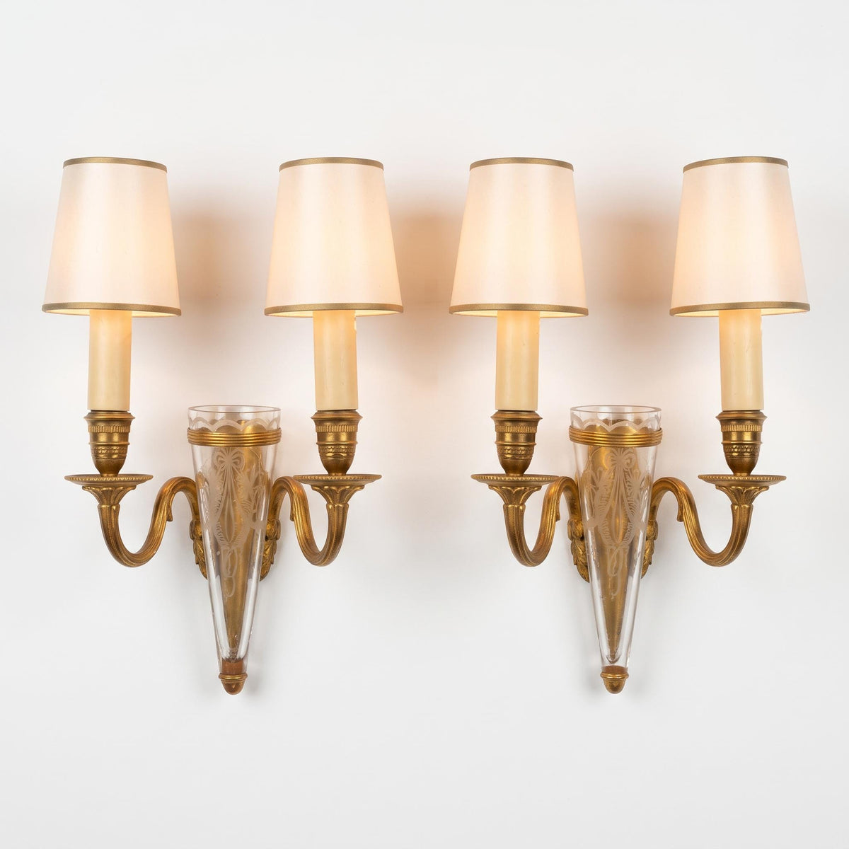 Pair of Gilt Metal Two-Arm Wall Sconces, Etched Glass Cornucopia Vase, Louis XVI Style