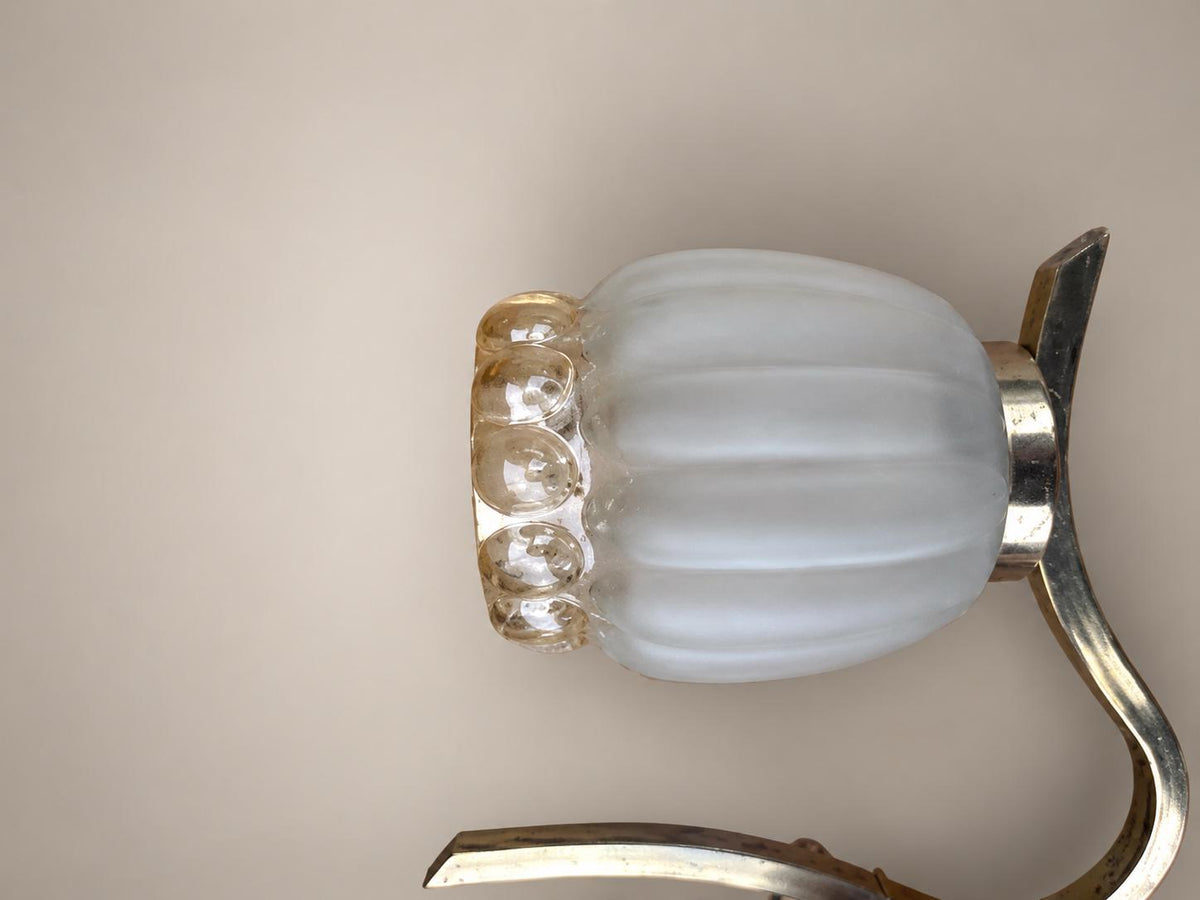 Pair of Gilt Metal Wall Lamps, Scrolled Arm, Frosted Ribbed Glass Shades