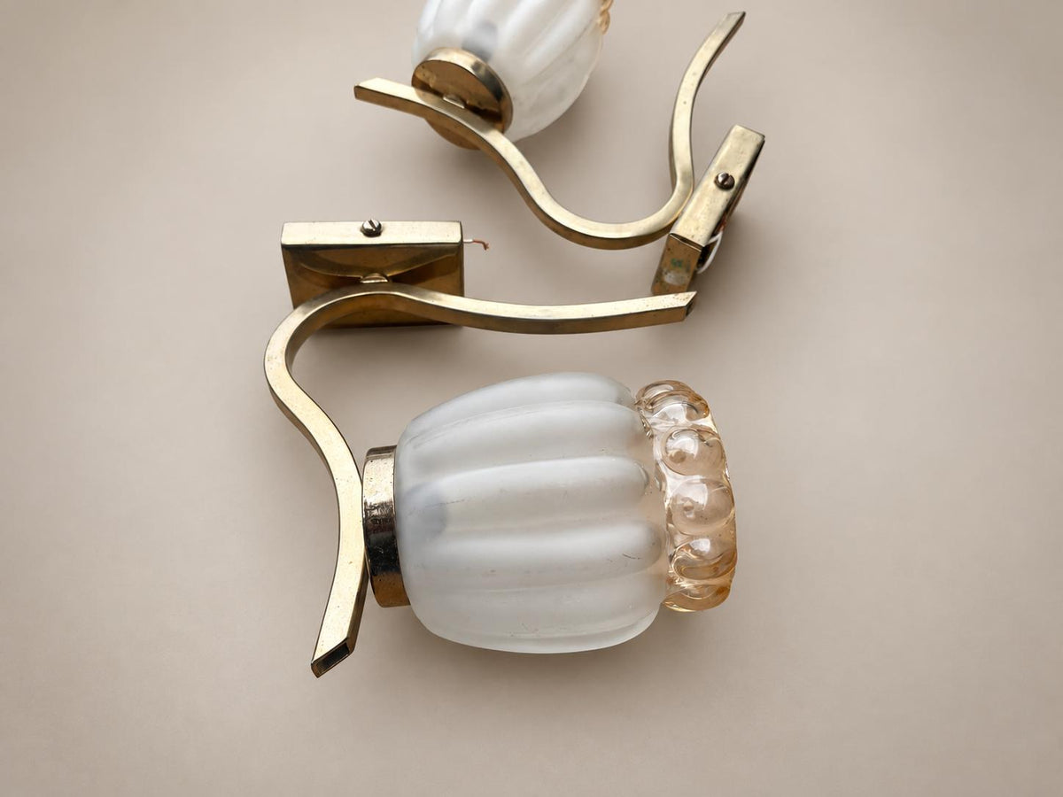 Pair of Gilt Metal Wall Lamps, Scrolled Arm, Frosted Ribbed Glass Shades