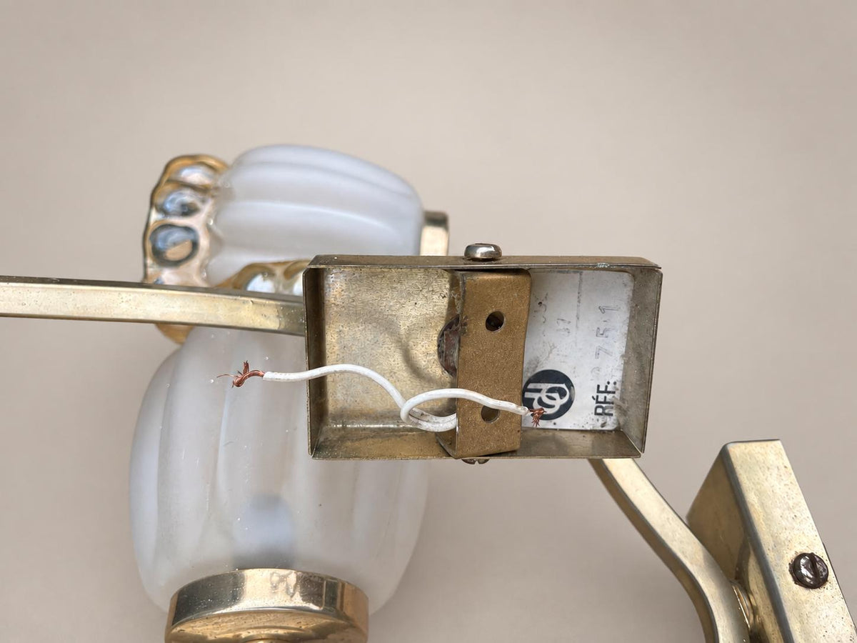 Pair of Gilt Metal Wall Lamps, Scrolled Arm, Frosted Ribbed Glass Shades