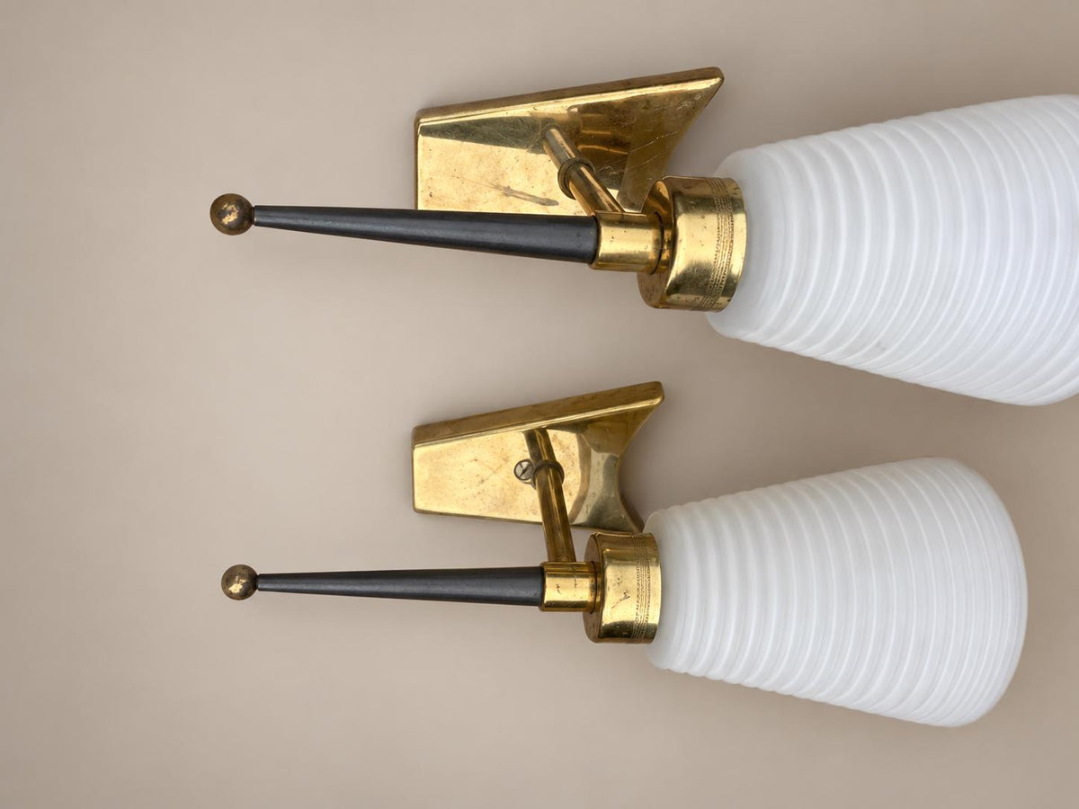 Pair of Gilt Brass Wall Lamps, Conical Ribbed Glass Shades, French Design