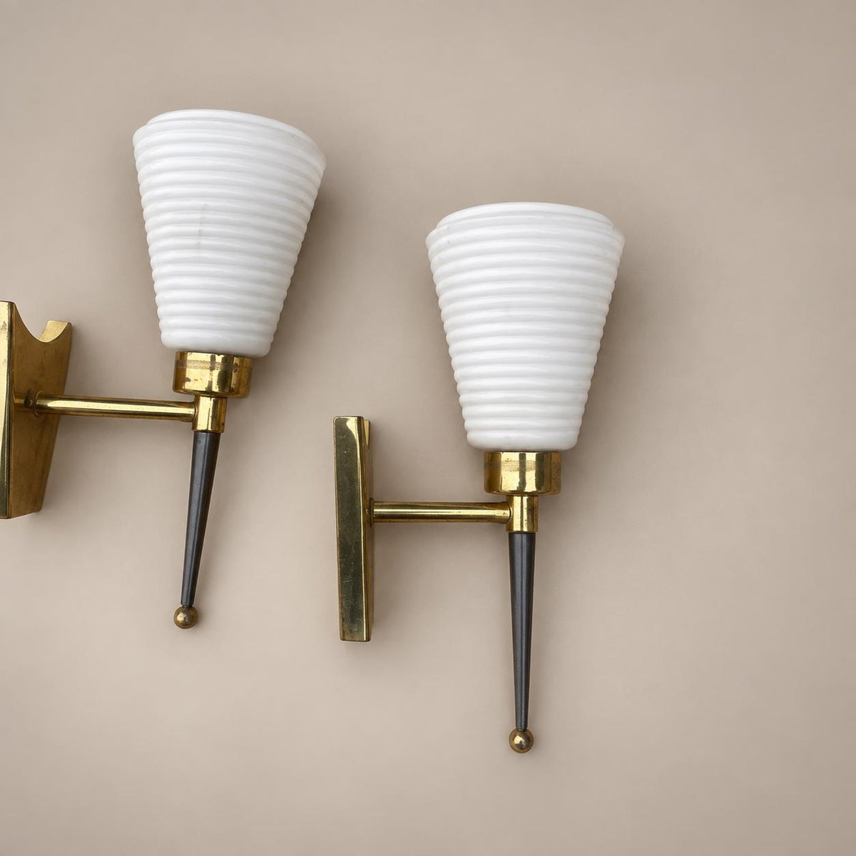 Pair of Gilt Brass Wall Lamps, Conical Ribbed Glass Shades, French Design