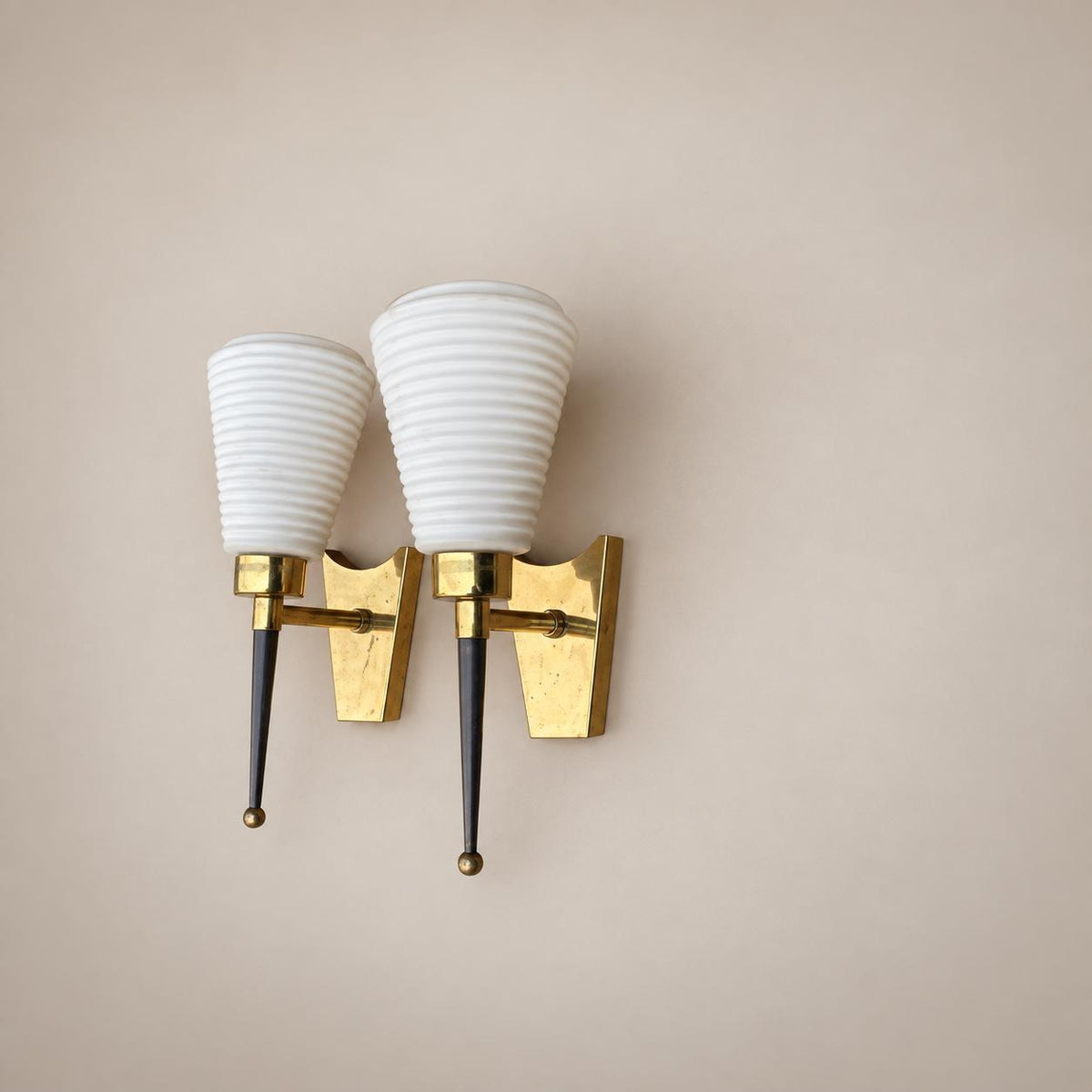 Pair of Gilt Brass Wall Lamps, Conical Ribbed Glass Shades, French Design