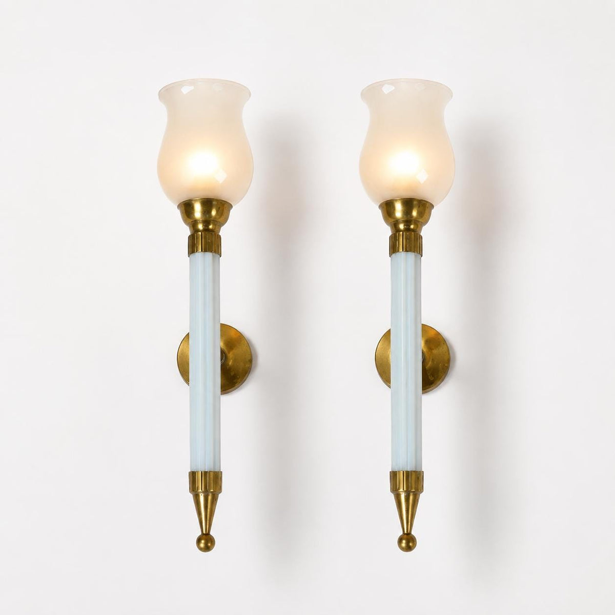 Opaline Glass Torch Sconces Pair, Blue Opaline and Brass Wall Torches with Glass Shades — French, 1950s