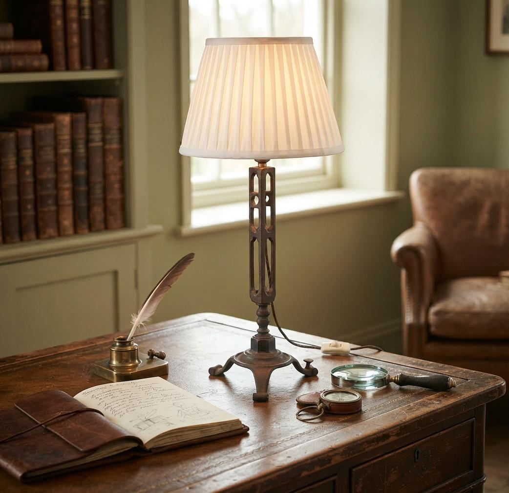 French Vintage Brutalist Art Deco Cast Metal Table Lamp with Pleated Shade