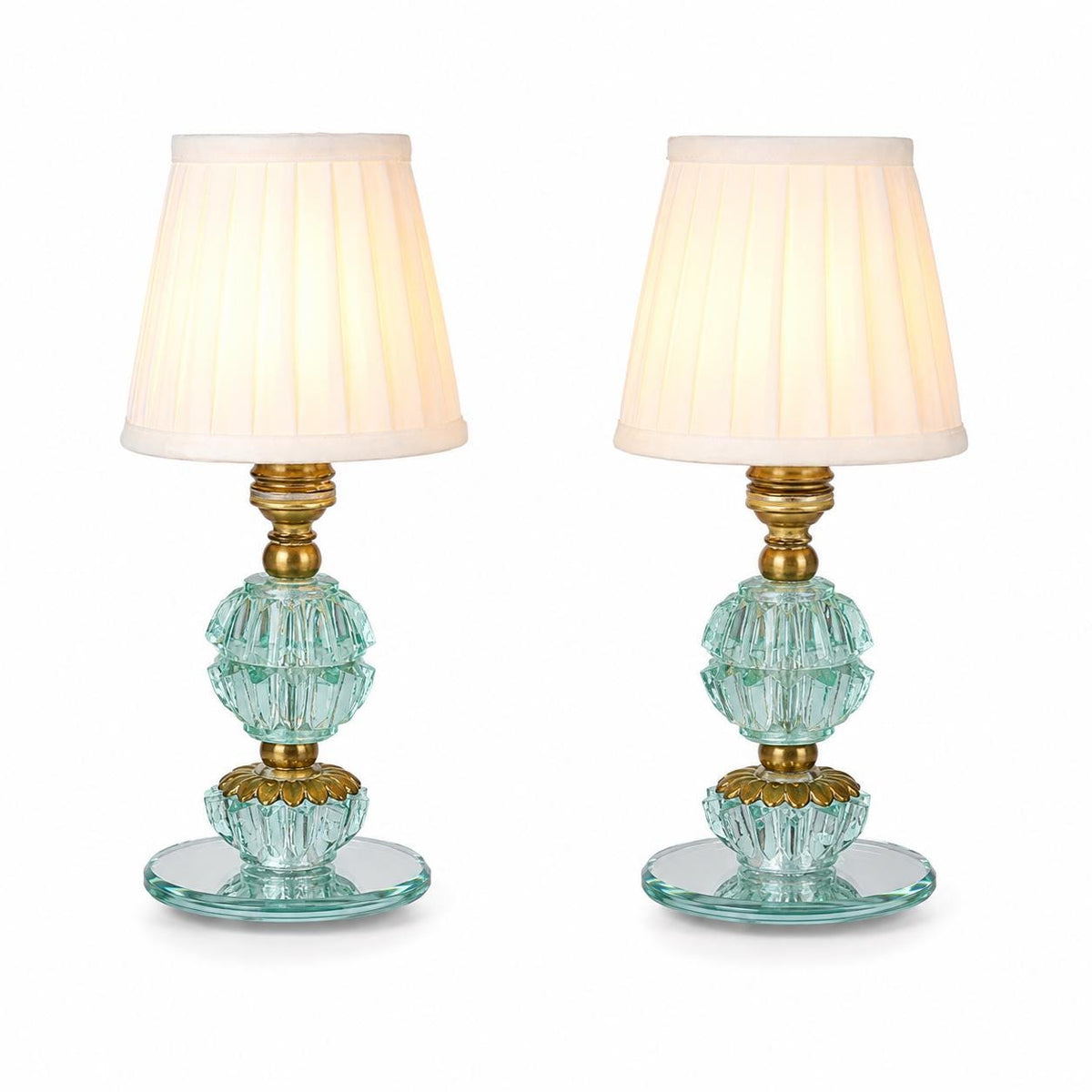 Glass Table Lamps Pair, Aqua Pressed Glass and Brass Bedside Lamps on Mirror Bases — French, 1940s