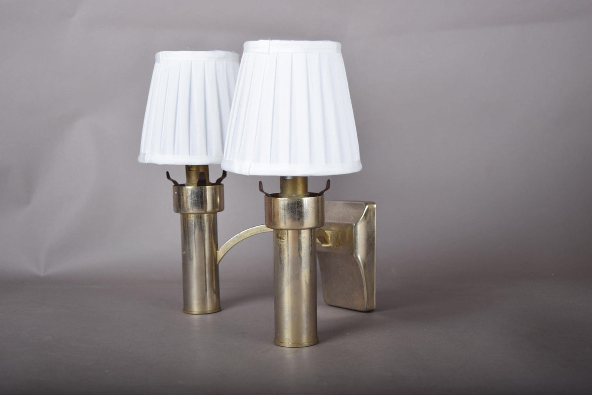 Double Wall Sconce, Modernist Brass Tone Two Light Cylinder Sconce with Pleated Shades