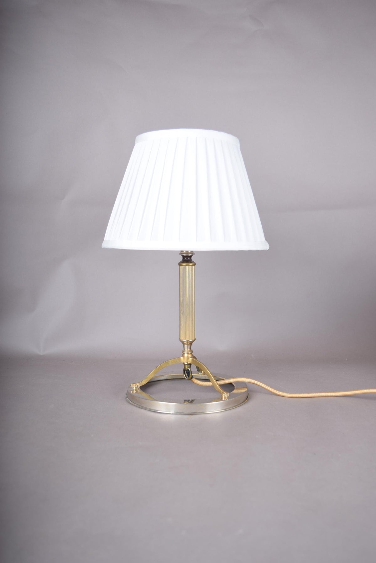 Mid Century Table Lamp, Ring Base Lamp with Arched Tripod and Reeded Column, Pleated Shade