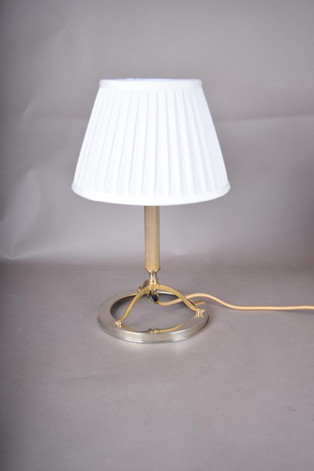 Mid Century Table Lamp, Ring Base Lamp with Arched Tripod and Reeded Column, Pleated Shade
