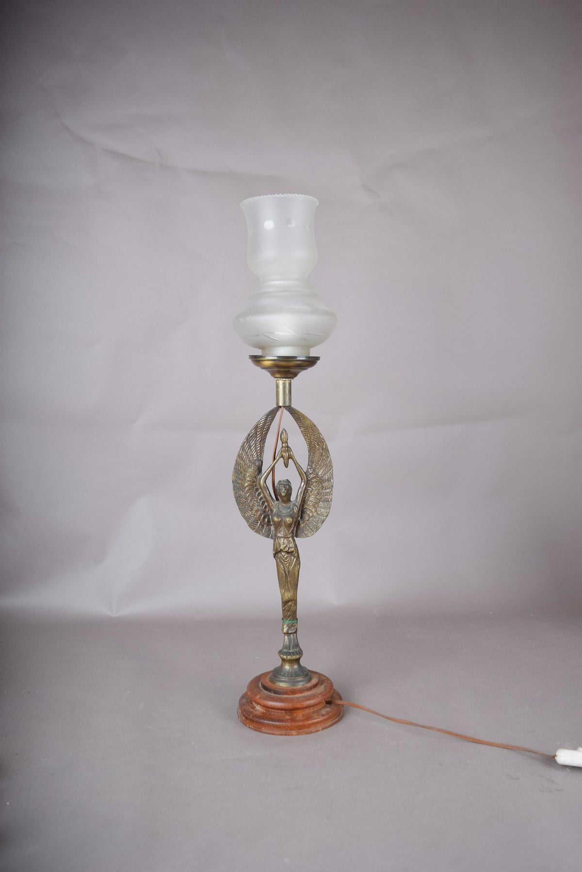 Gilt Metal Figural Table Lamp, Winged Female Figure, Wood Base, Frosted Glass Shade