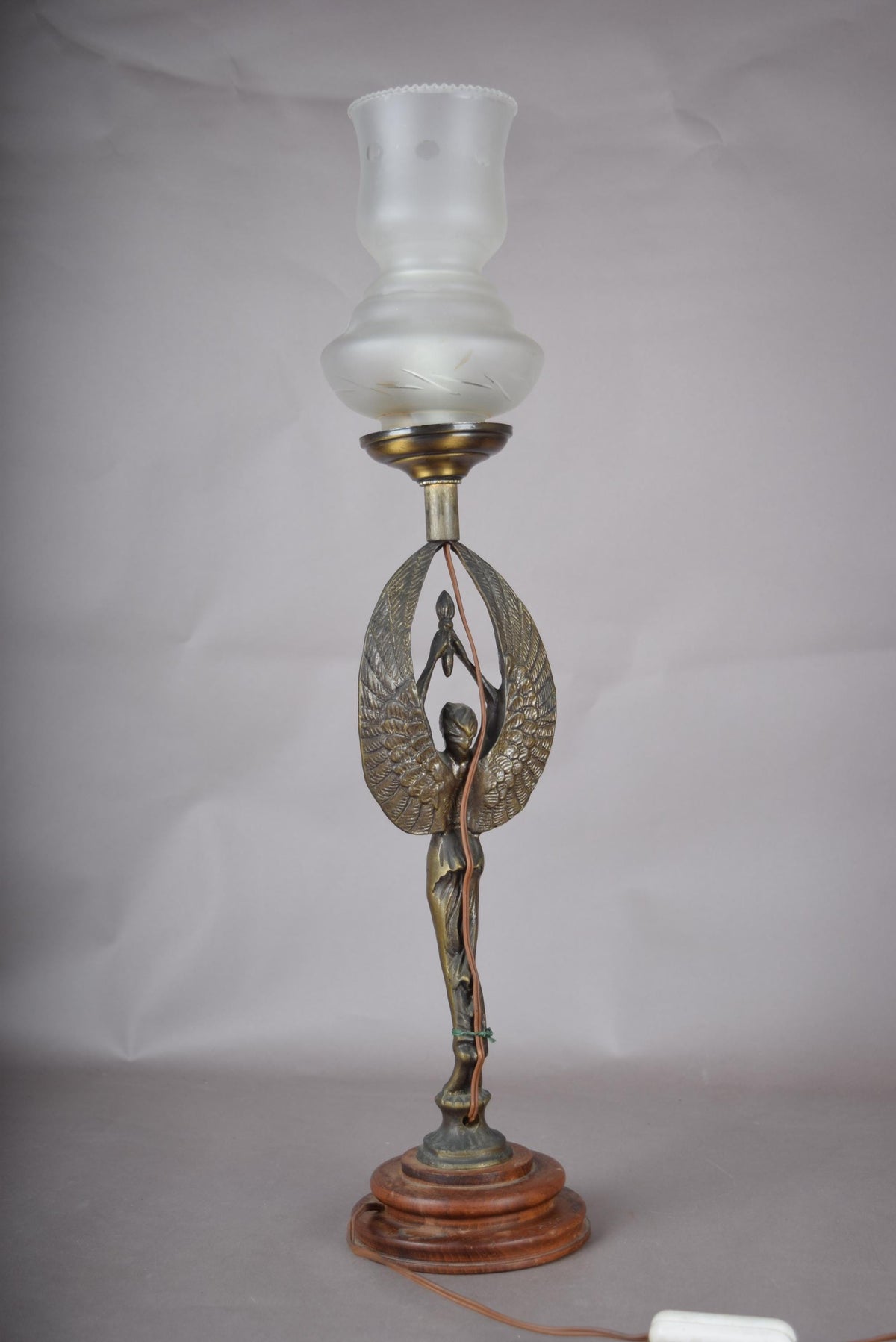 Gilt Metal Figural Table Lamp, Winged Female Figure, Wood Base, Frosted Glass Shade