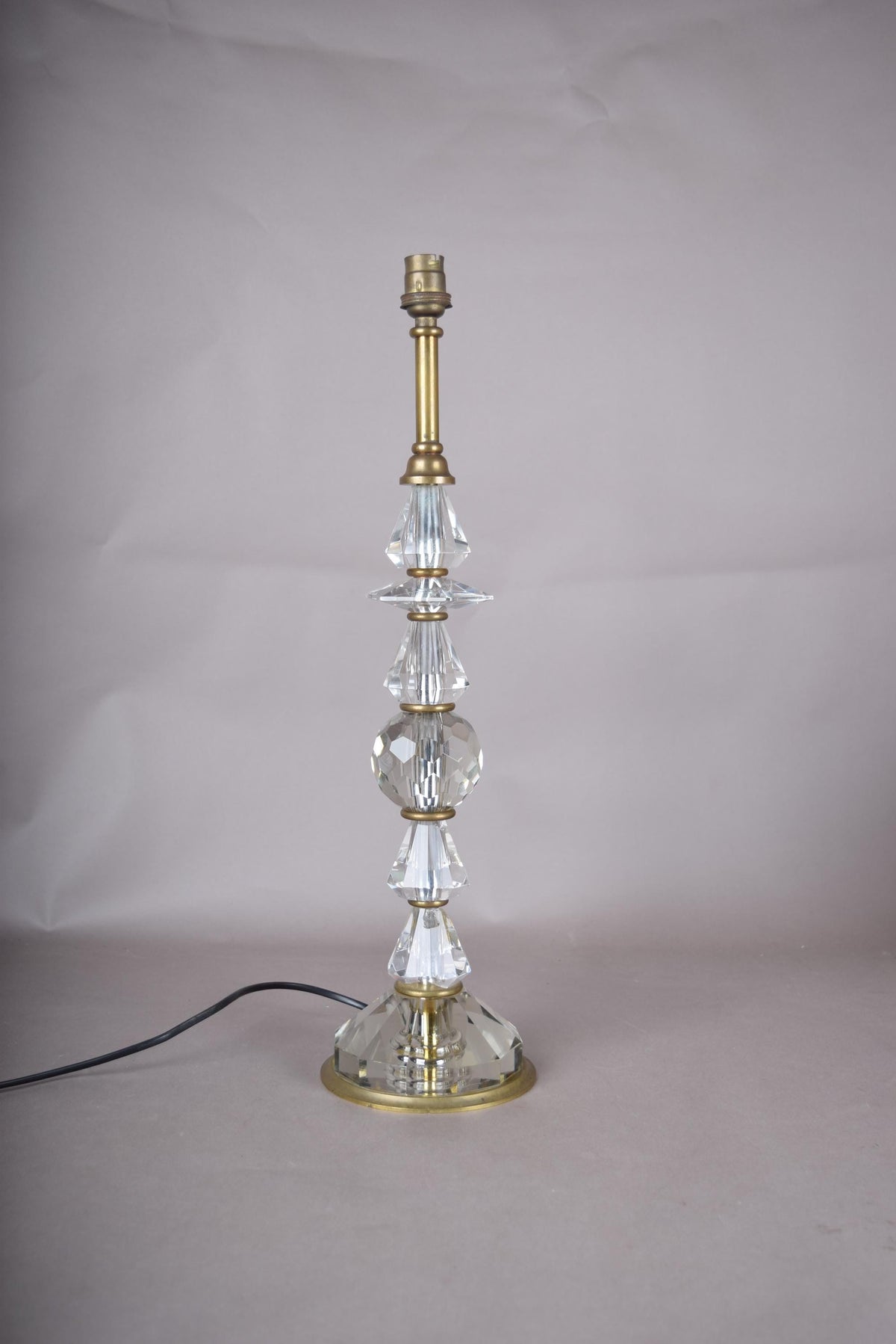 Tall Crystal Table Lamp, Stacked Faceted Glass and Brass Column Lamp — French, 1950s