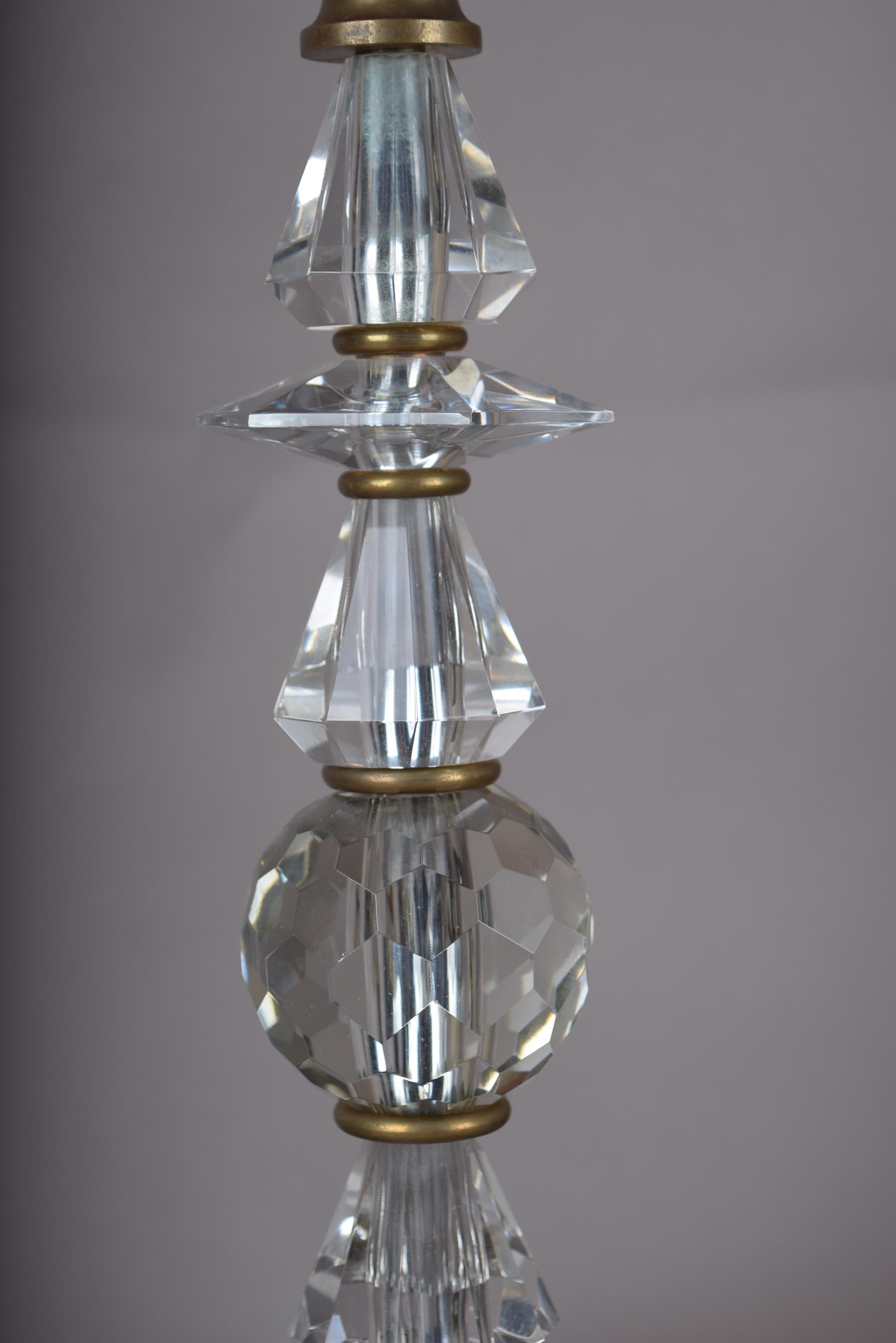 Tall Crystal Table Lamp, Stacked Faceted Glass and Brass Column Lamp — French, 1950s
