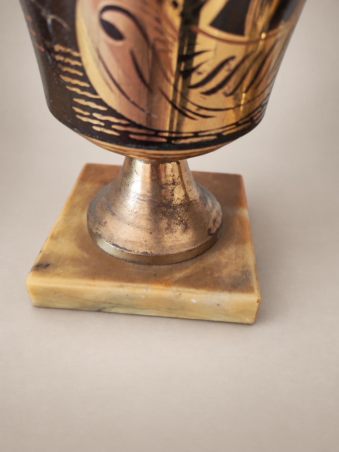 Pair of Belgian Art Deco Brass Vases, Signed A. Ducobu, Marine Scene on Onyx Bases — Belgium, circa 1930