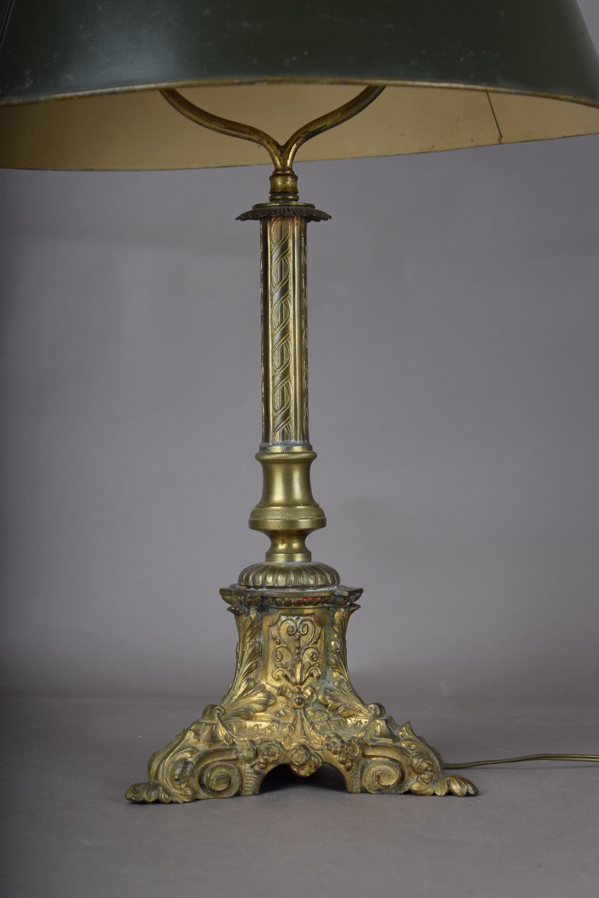 Candlestick Table Lamp, Gilt Tripod Base with Fluted Column and Green Tole Shade — French Style