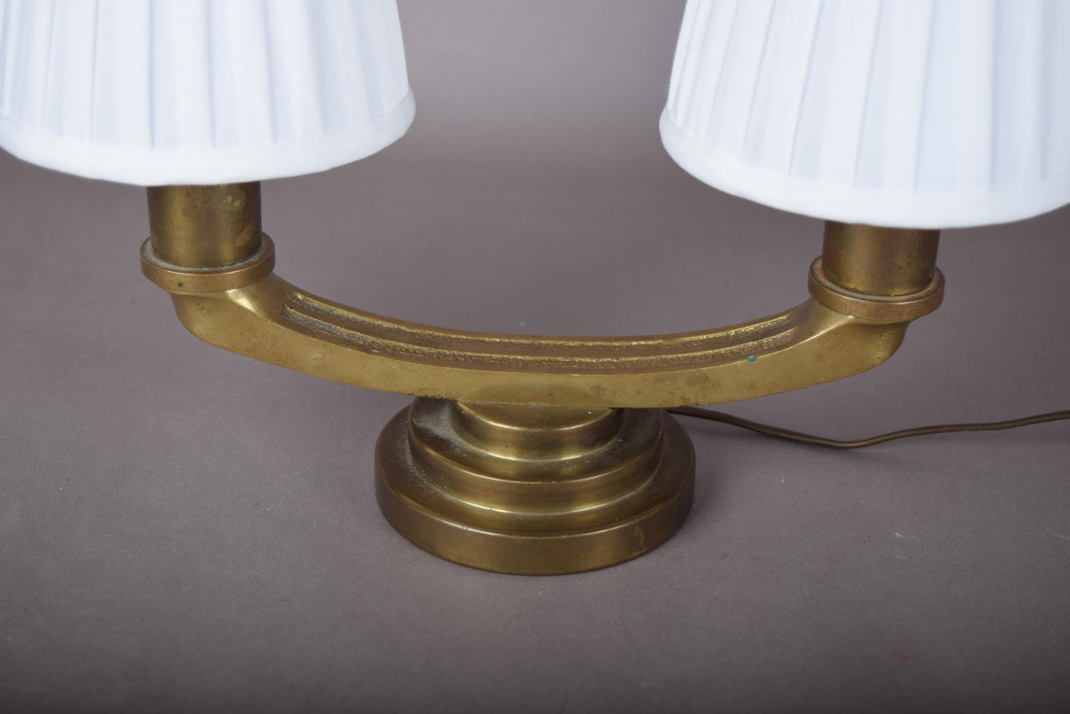 bronze Twin-Arm Table Lamp, Art Deco Style, Stepped Circular Base