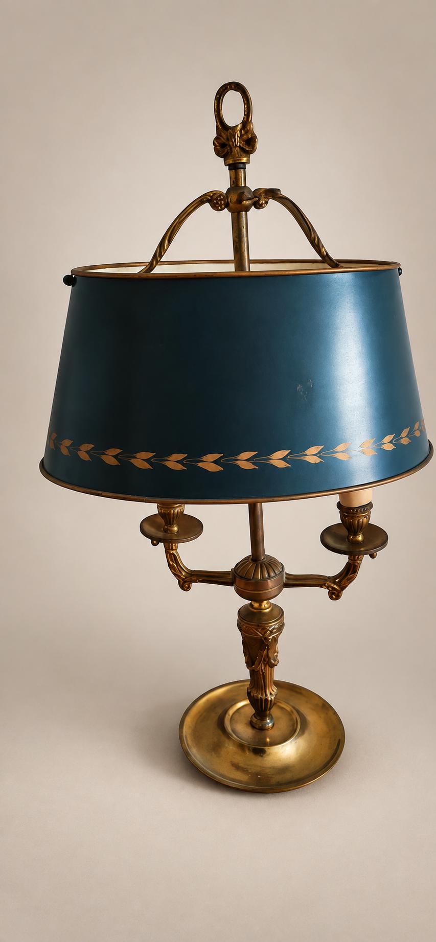 Vintage French Bouillotte Lamp, Signed Collange France, Brass with Blue Tole Shade — France, 20th Century
