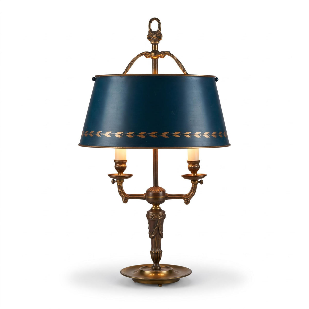 Vintage French Bouillotte Lamp, Signed Collange France, Brass with Blue Tole Shade — France, 20th Century