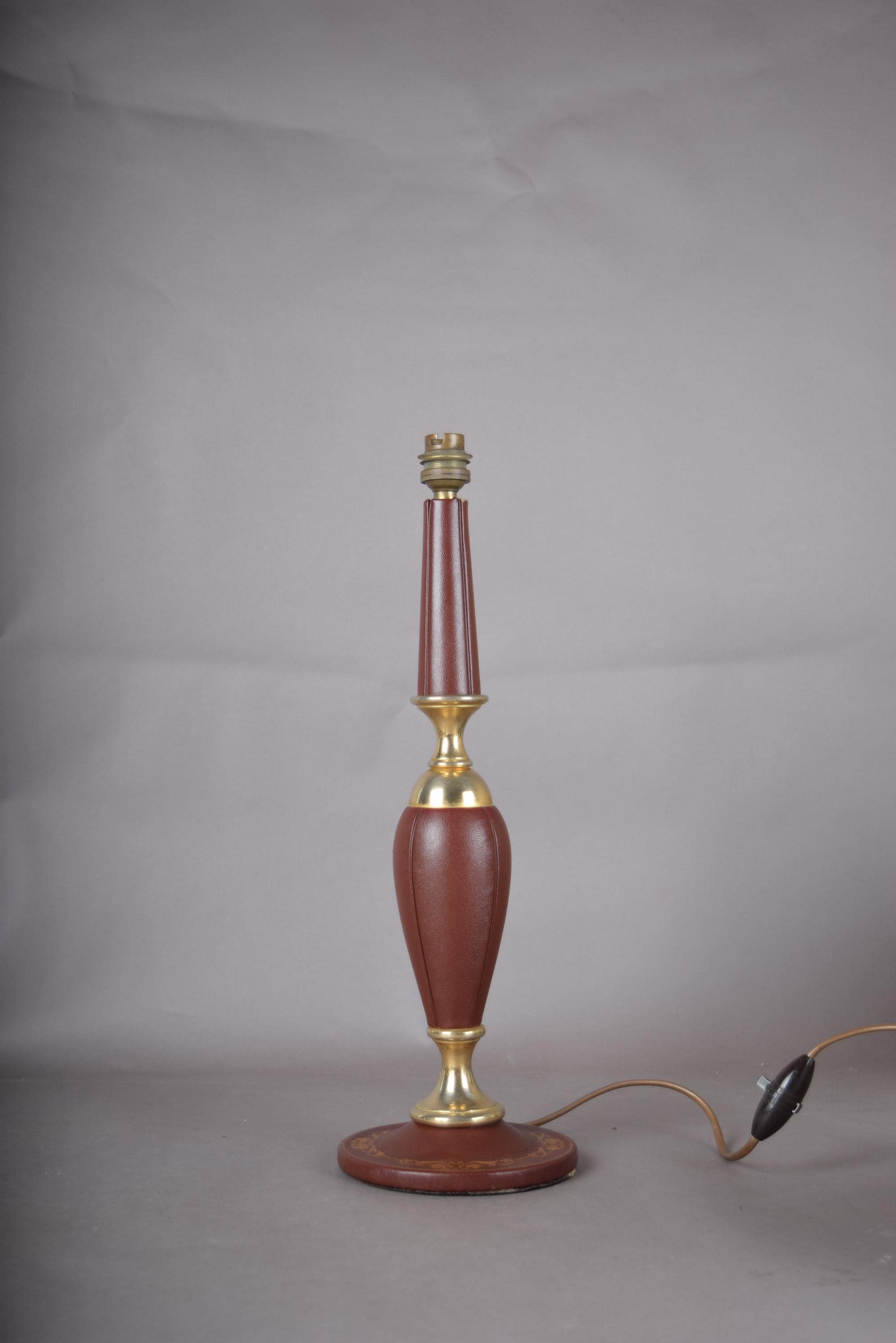 Leather Table Lamp, Burgundy Stitched Leather Baluster Lamp with Gilt Tooled Base — French Style