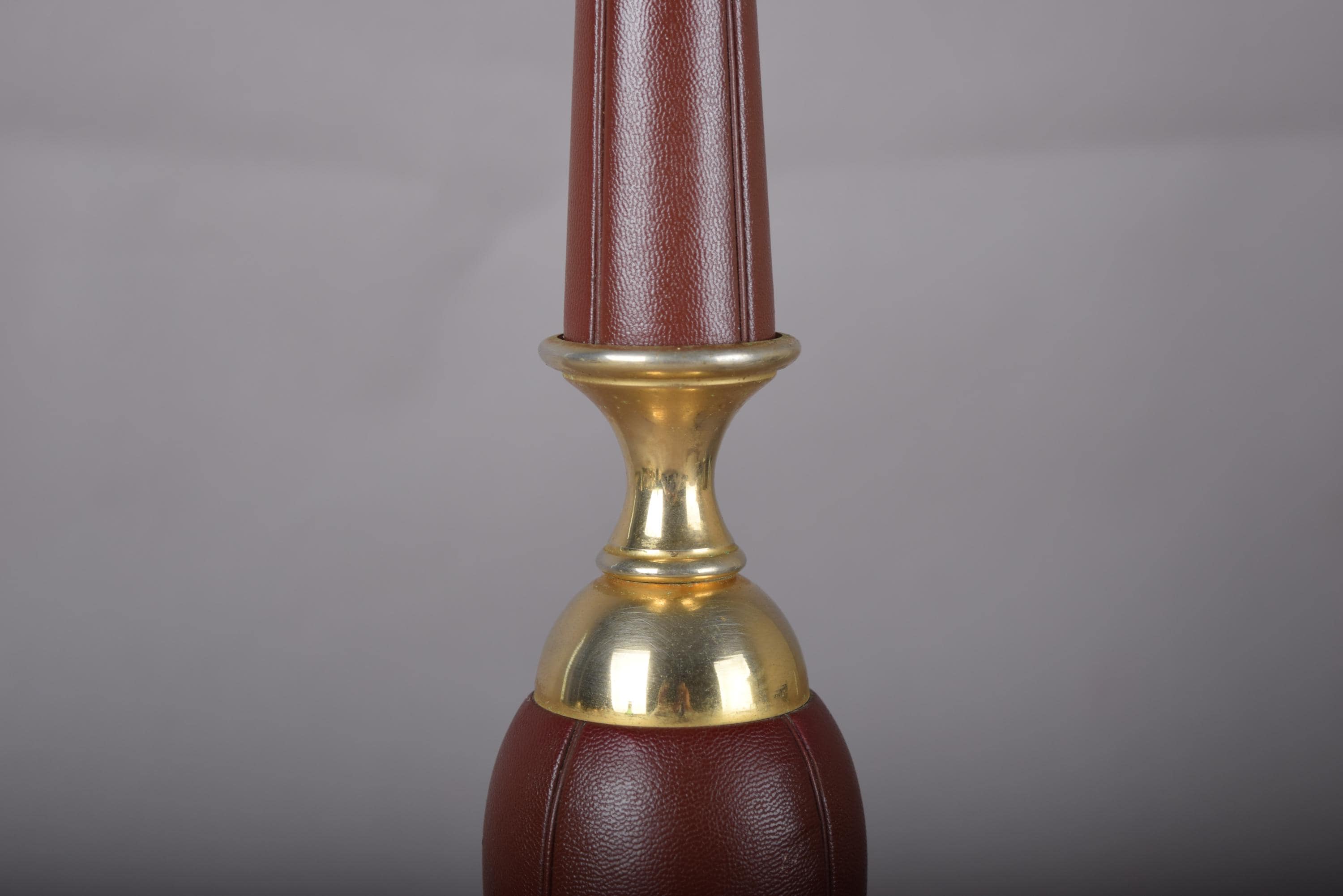 Leather Table Lamp, Burgundy Stitched Leather Baluster Lamp with Gilt Tooled Base — French Style