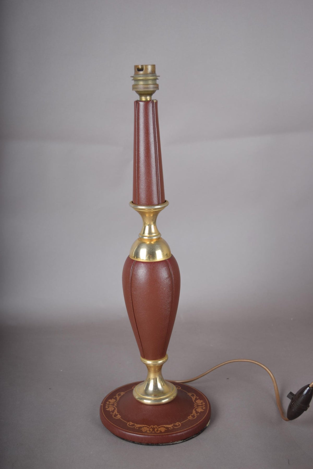 Leather Table Lamp, Burgundy Stitched Leather Baluster Lamp with Gilt Tooled Base — French Style