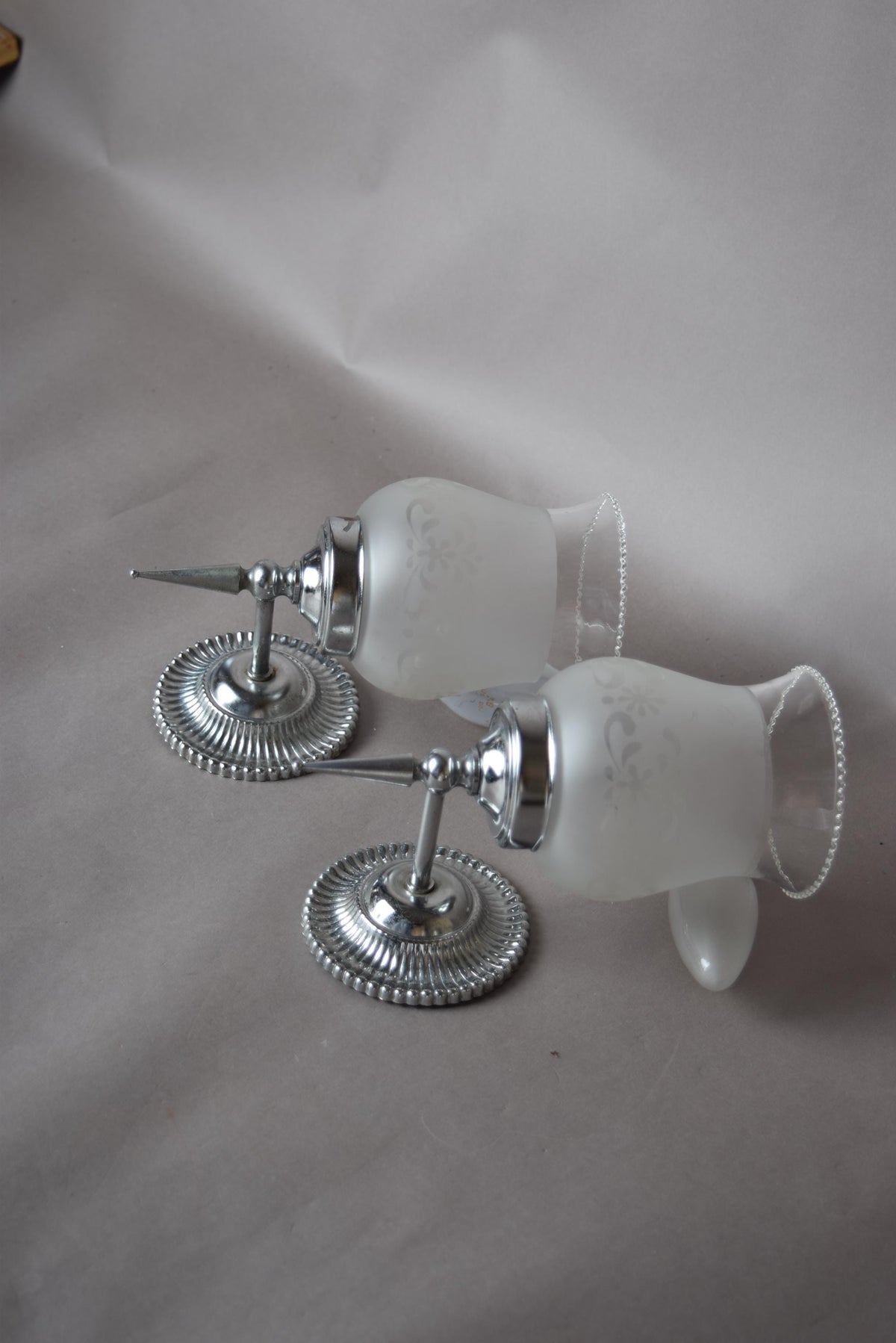 Pair of Chrome Wall Sconces, Etched Frosted Glass Shades, Beaded Rim Detail