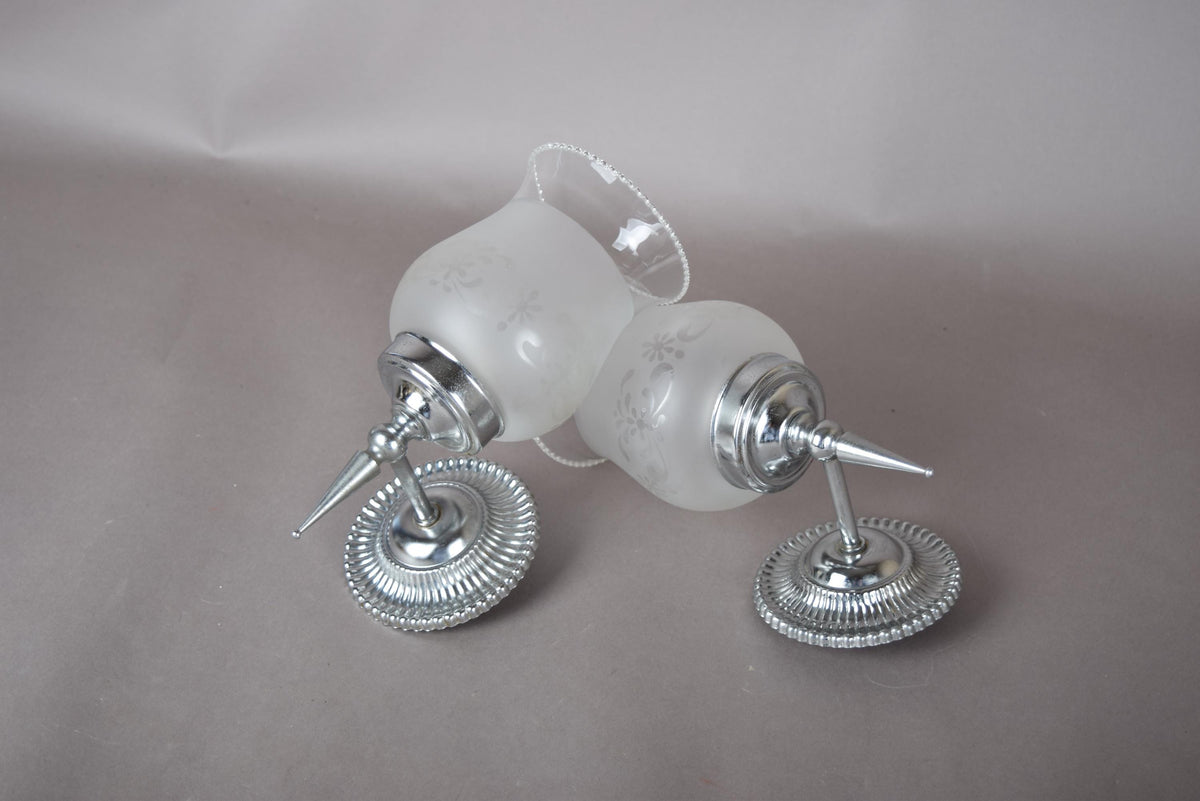 Pair of Chrome Wall Sconces, Etched Frosted Glass Shades, Beaded Rim Detail