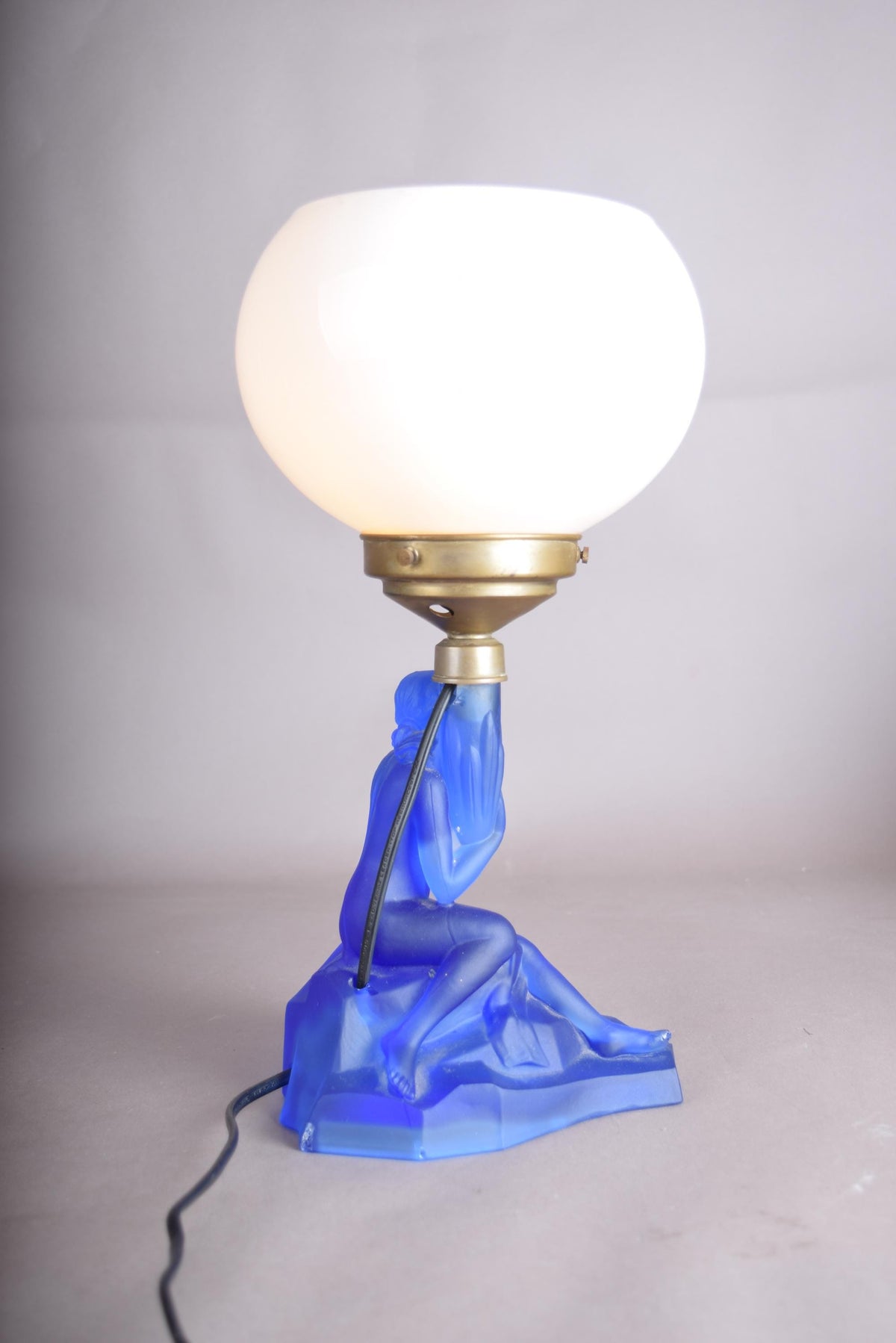 Art Deco Lady Lamp, Walther and Sohne Attributed Blue Frosted Glass Figural Lamp with Globe — German, 1930s