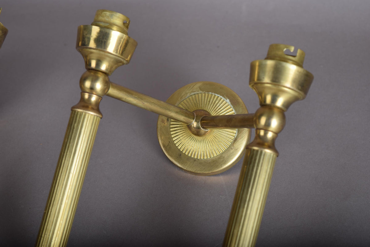 Pair of Gilt Brass Two-Arm Wall Sconces, Fluted Candle-Style Arms, French Design, 1950s
