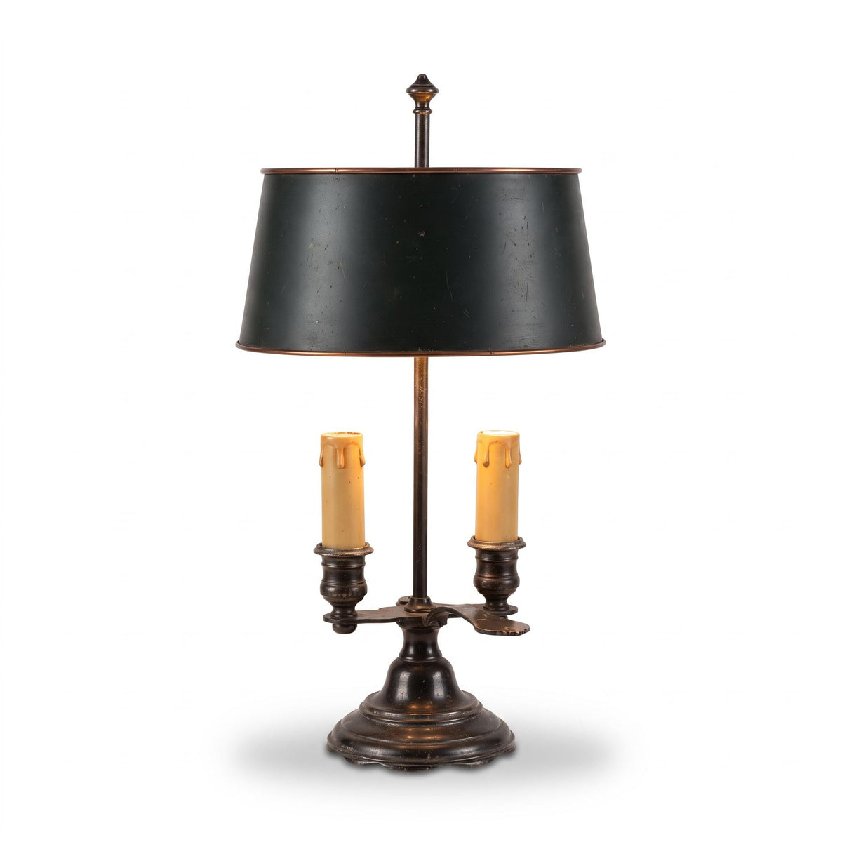 Antique French Bouillotte Lamp, Signed HM, Silvered Bronze with Green Tole Shade — France, 20th Century