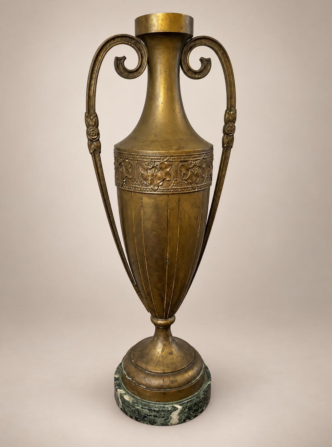 Antique French Bronze Amphora Vase, Chased Frieze and Scroll Handles on Marble Base — France, 19th Century