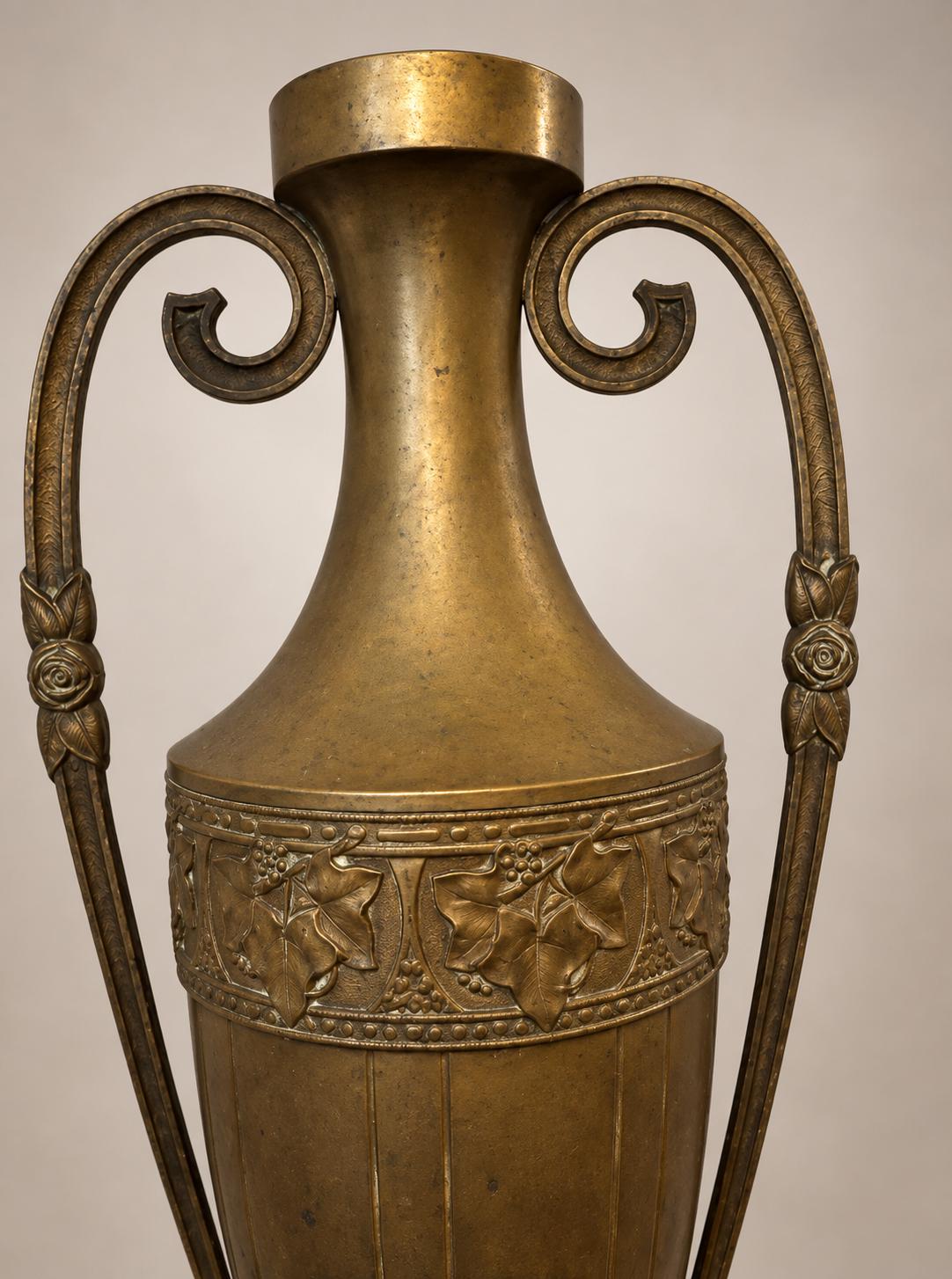 Antique French Bronze Amphora Vase, Chased Frieze and Scroll Handles on Marble Base — France, 19th Century