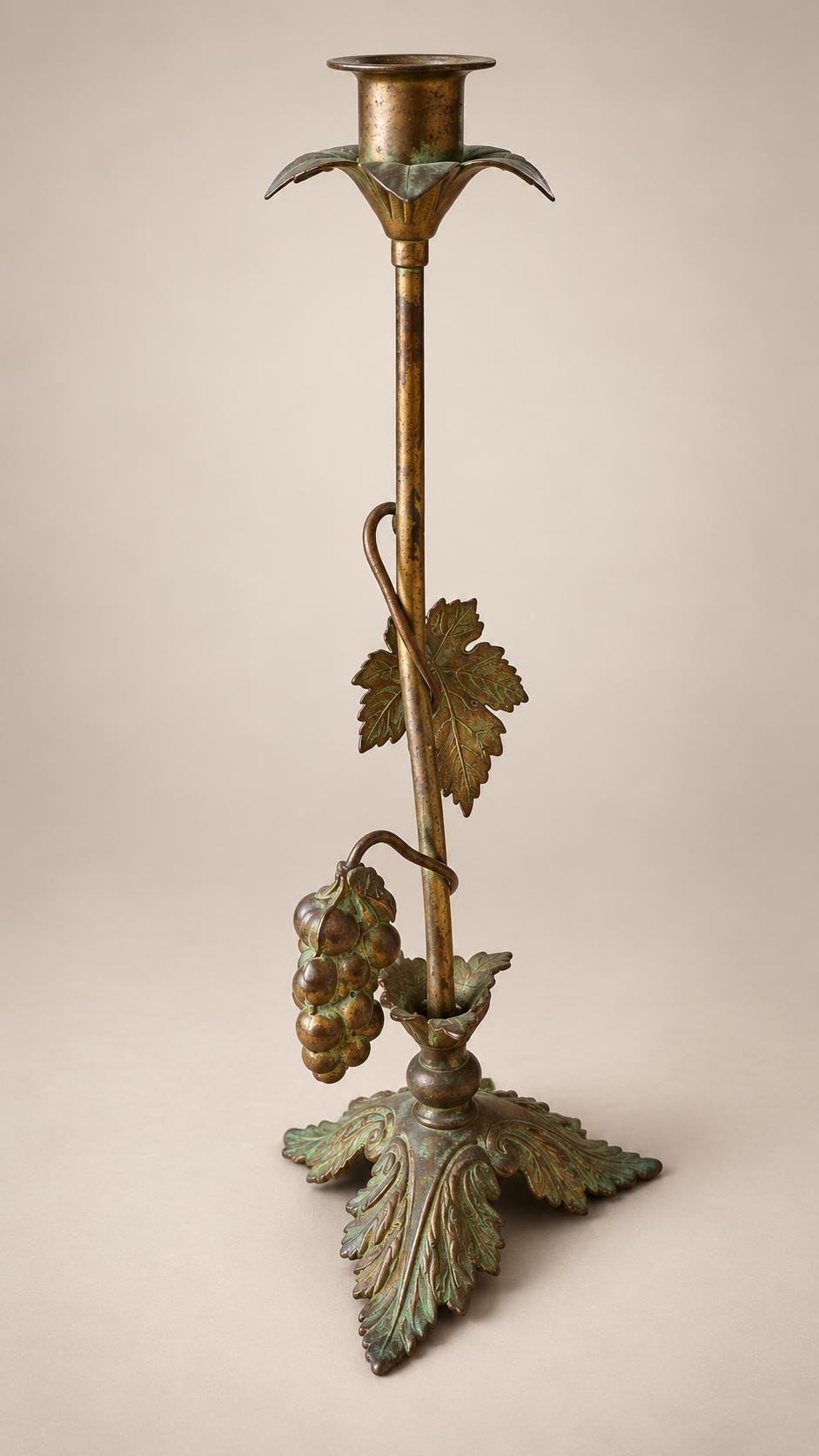 Pair of Antique French Brass Candlesticks, Vine Leaf and Wheat Ear — France, 20th Century