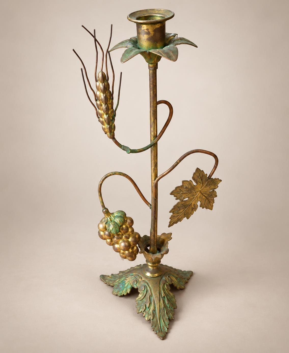 Pair of Antique French Brass Candlesticks, Vine Leaf and Wheat Ear — France, 20th Century
