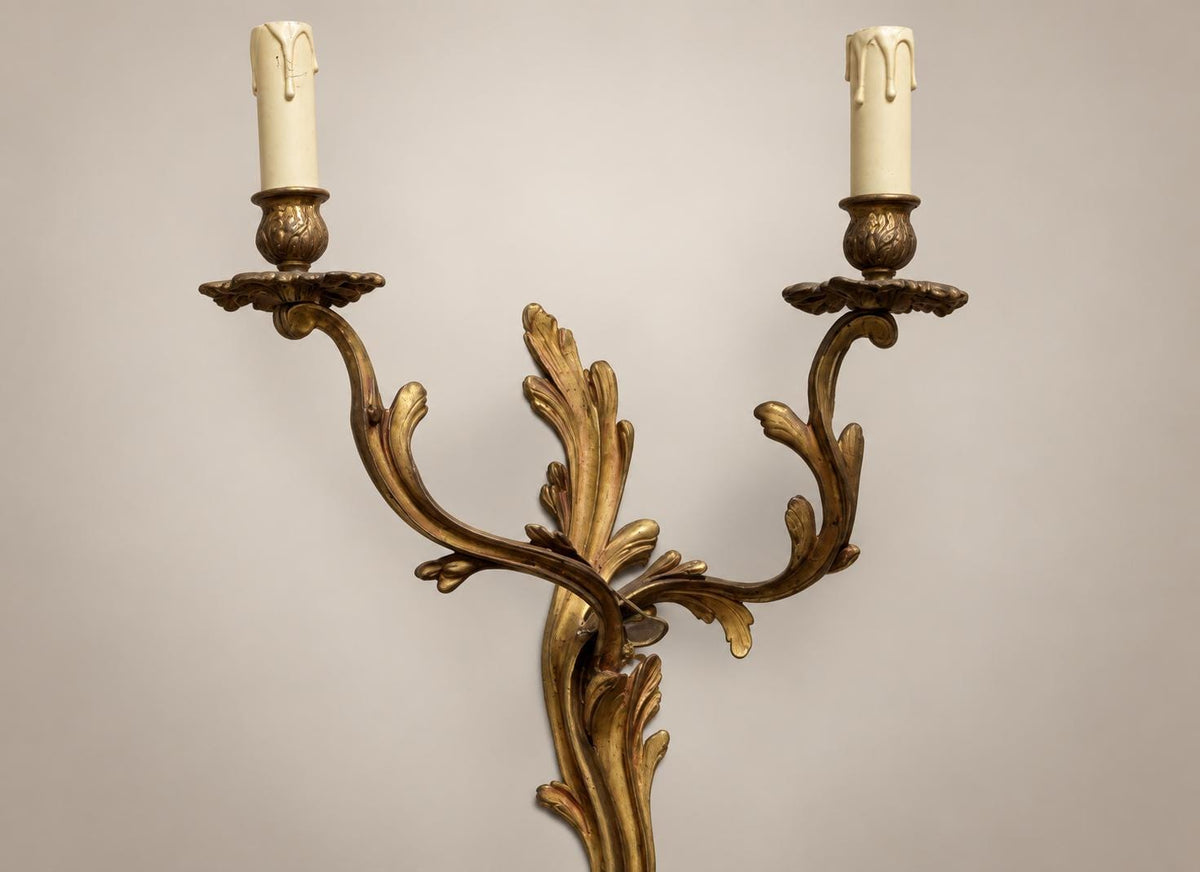 Large Pair of French Rococo Style Patinated Brass Two-Light Wall Sconces