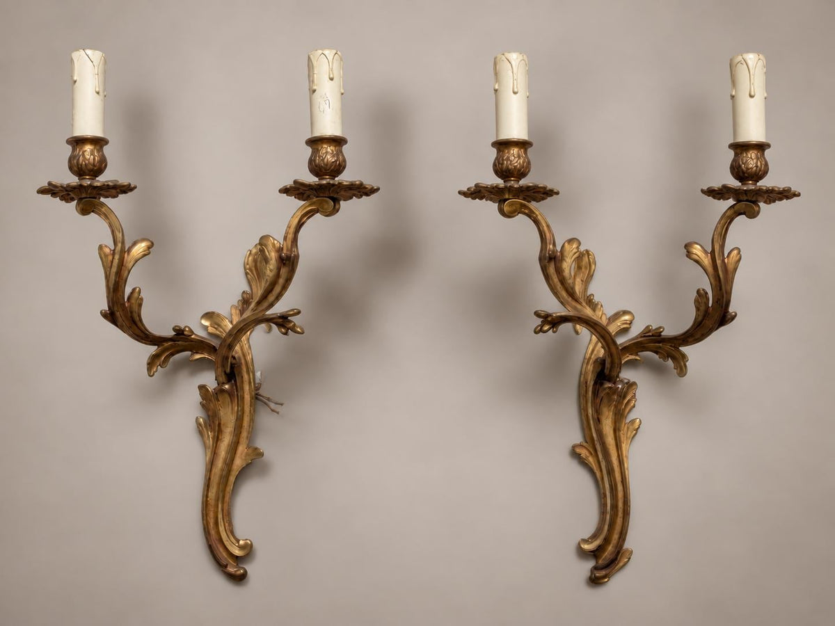 Large Pair of French Rococo Style Patinated Brass Two-Light Wall Sconces