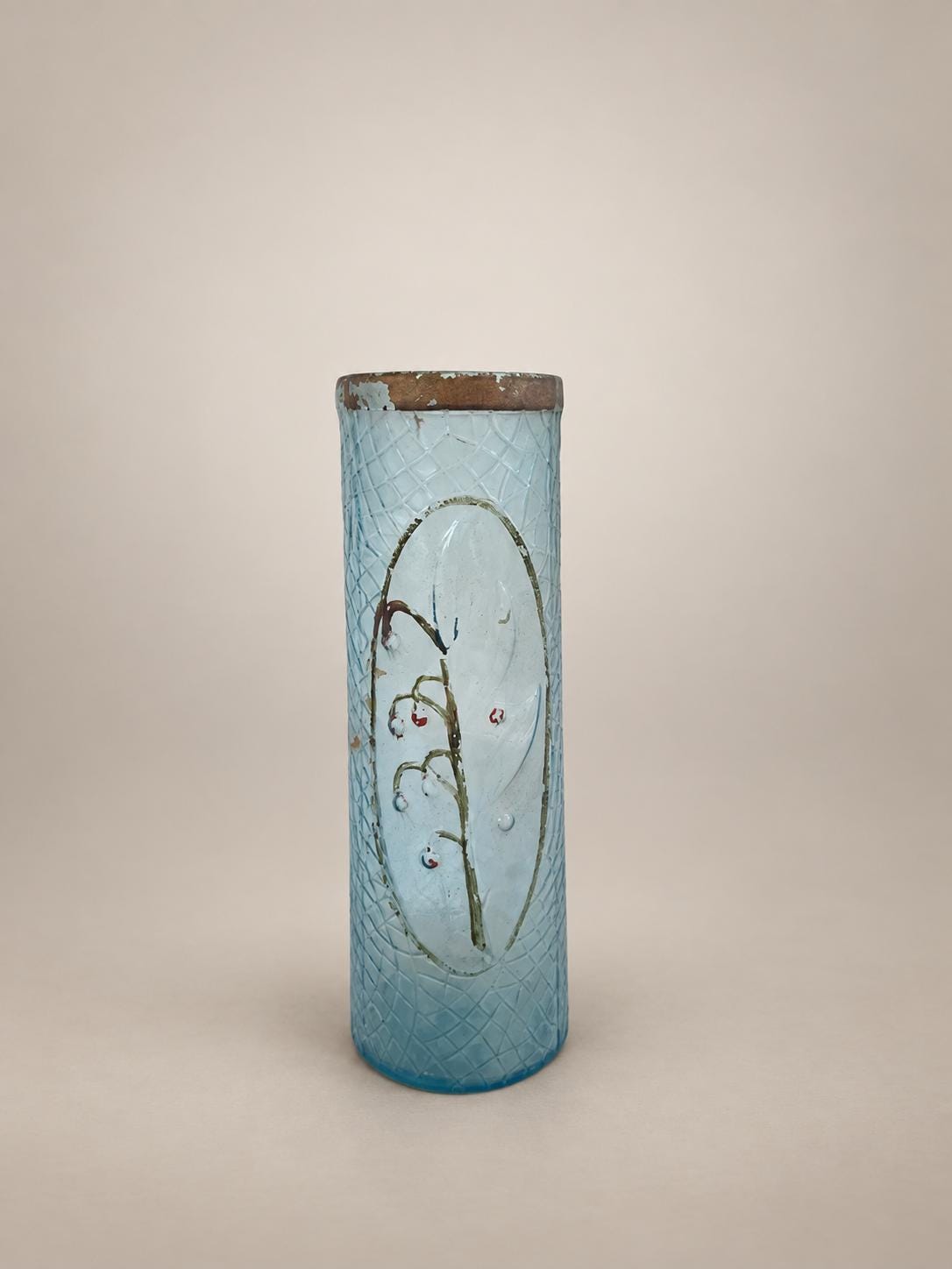 Antique French Art Deco Crystal Vase, Frosted Blue with Floral Oval Cartouche — France, circa 1920