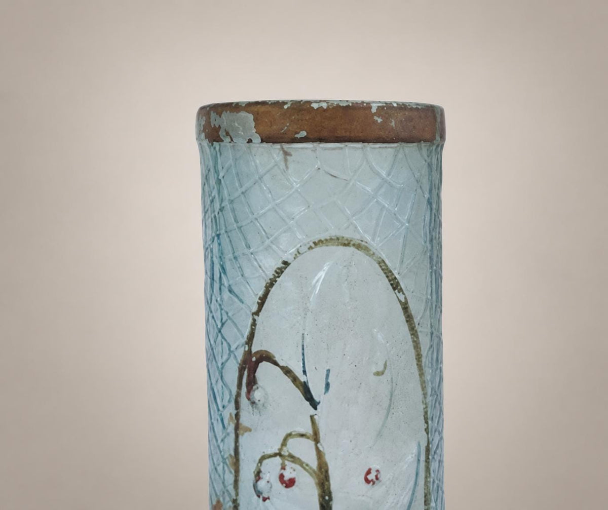 Antique French Art Deco Crystal Vase, Frosted Blue with Floral Oval Cartouche — France, circa 1920