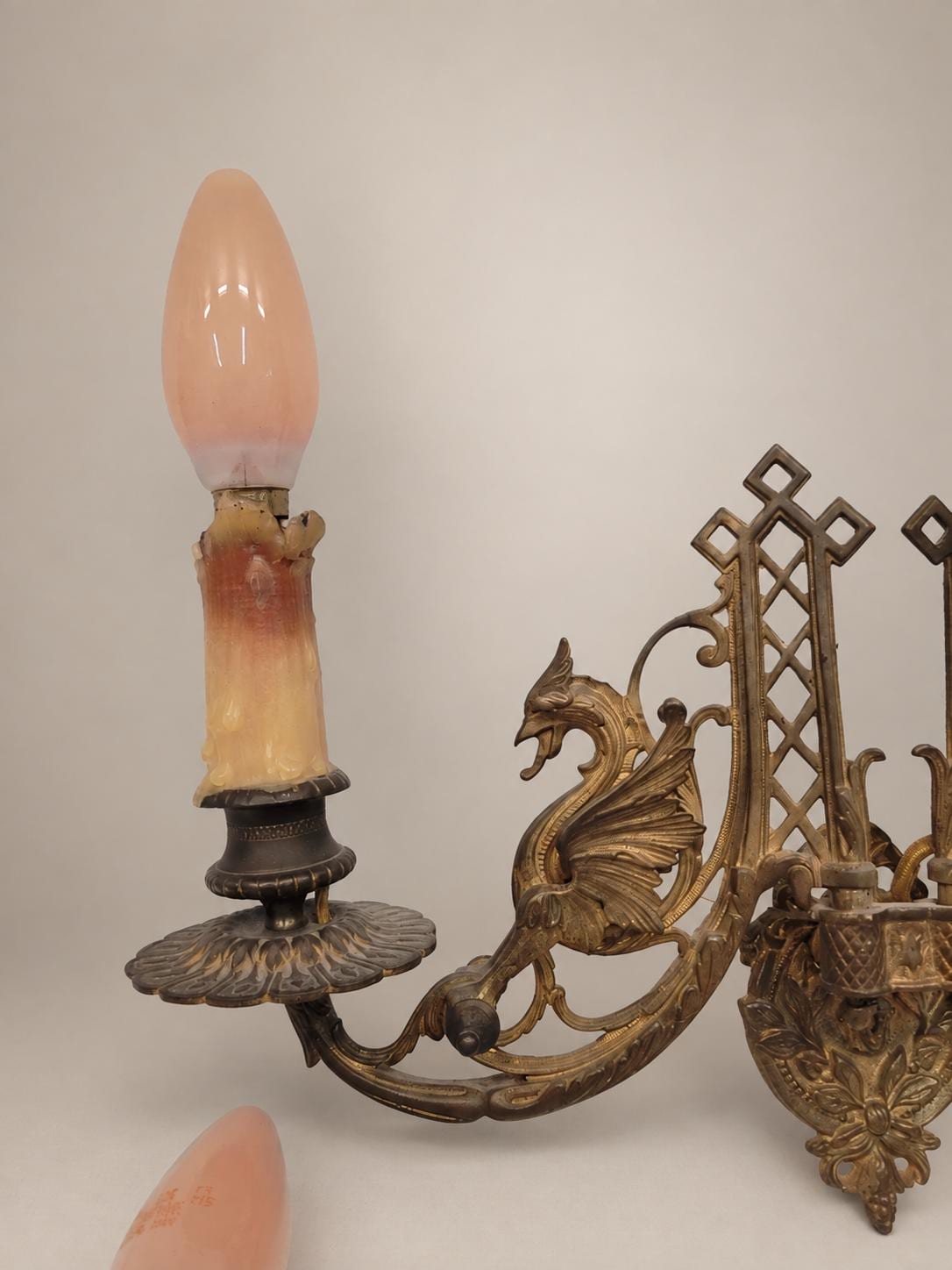 Pair of French Aesthetic Movement Patinated Metal Dragon Motif Two-Light Wall Sconces