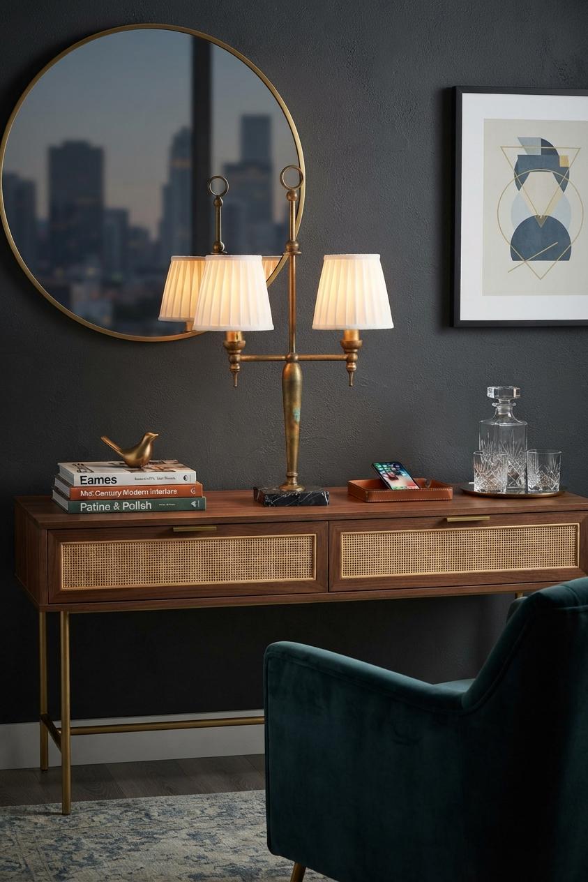 Gilt Brass Twin-Arm Table Lamp, Marble Base, Ring Finial, 1930s